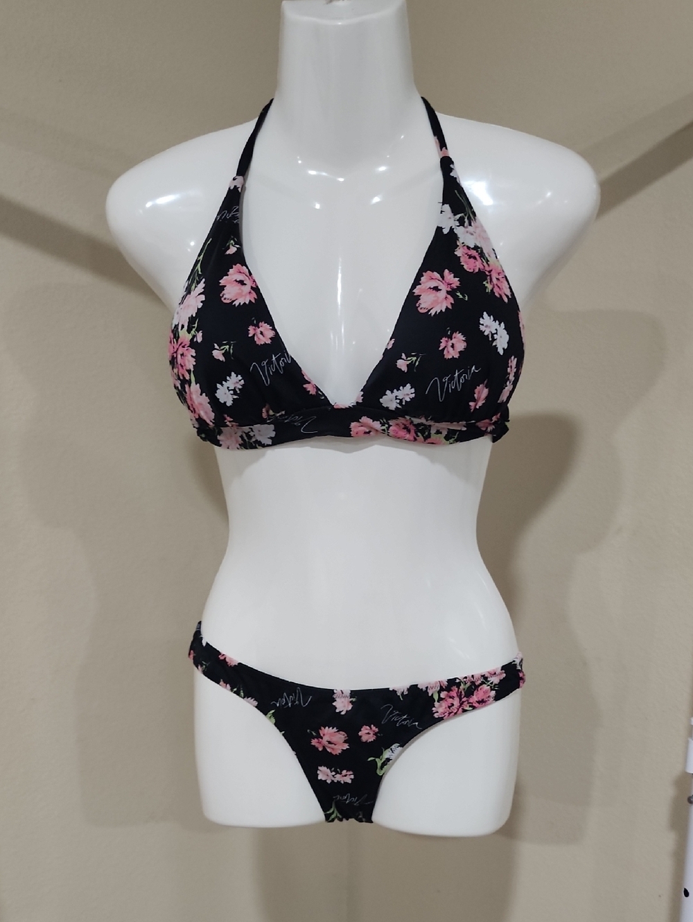 Victoria's Secret Black Floral Halter Bikini Set with Pink Flowers